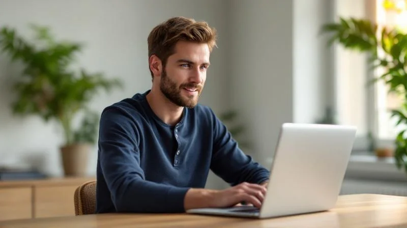Mann sitzt am Schreibtisch mit Laptop in einem hellen Raum in Lünen und informiert sich über Weiterbildung