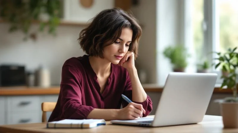 Frau mit Notizen und Laptop in einem Weiterbildungskurs, modernes Online-Setting in Lünen