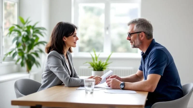 Zwei Personen unterhalten sich in einem hellen Büro über Unterlagen