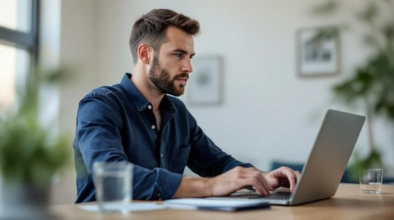 Mann sitzt am Schreibtisch und lernt konzentriert am Laptop in einem hellen Büro in Lünen