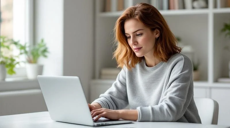 Frau arbeitet konzentriert am Laptop in einem modernen Homeoffice in Lünen